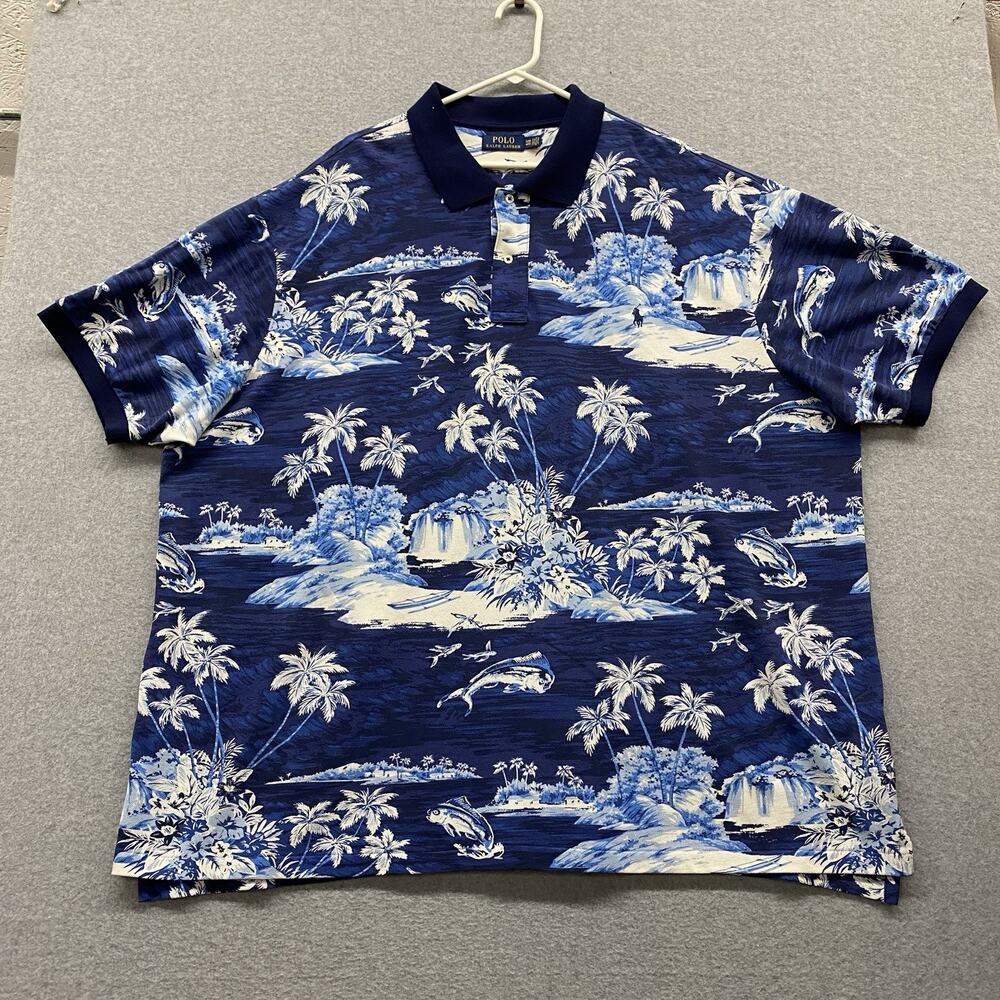 Polo Ralph Lauren Hawaiian Island Fish Print Polo Shirt 4XB Big Tall Blue Resort
